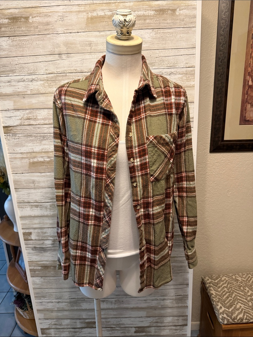 Women’s olive and brown flannel button down shirt